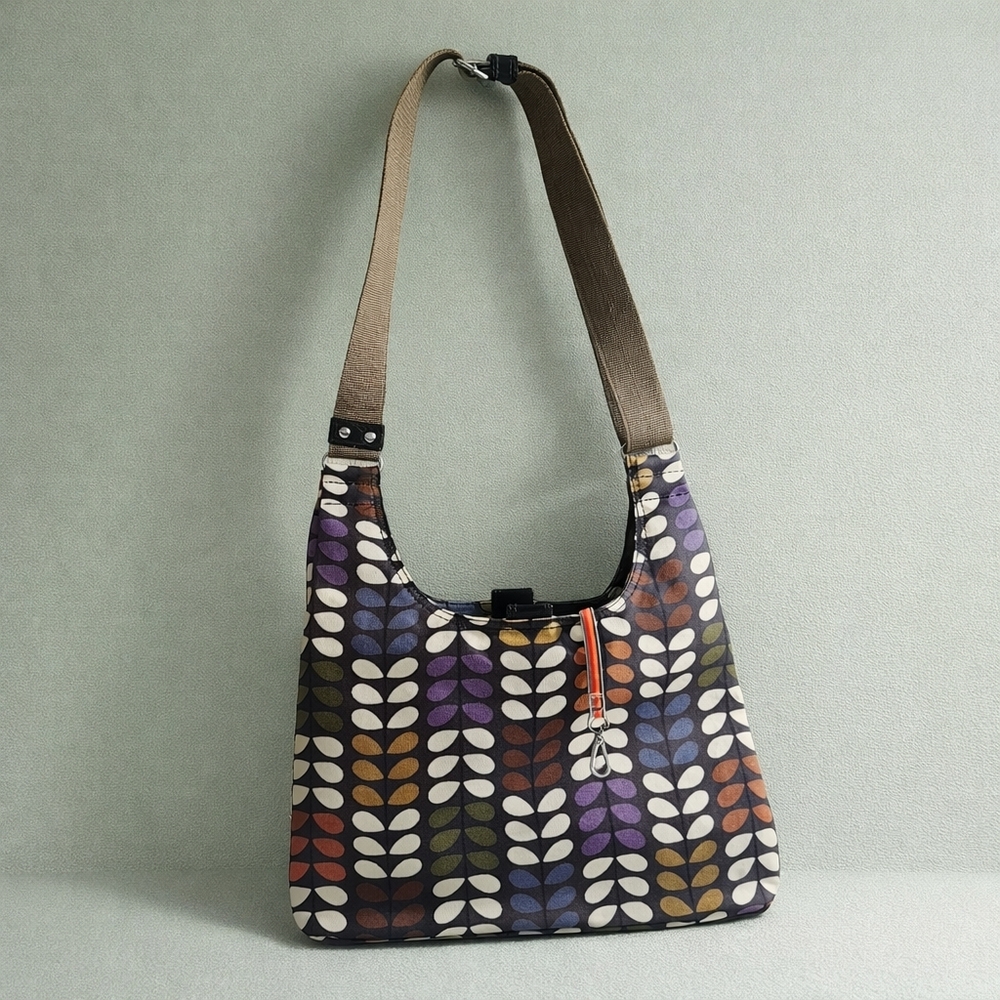 Orla Kiely Multicolor Leaf-Print Shoulder Bag with Brown Strap